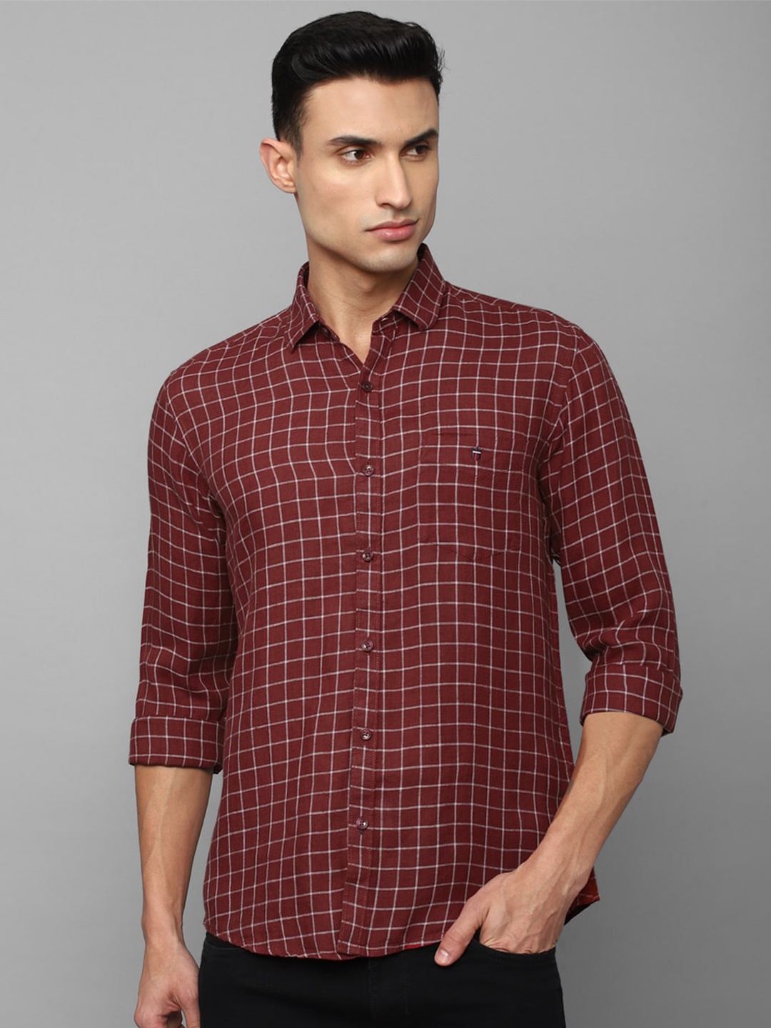 

Louis Philippe Sport Slim Fit Grid Tattersall Checked Casual Linen Shirt, Maroon
