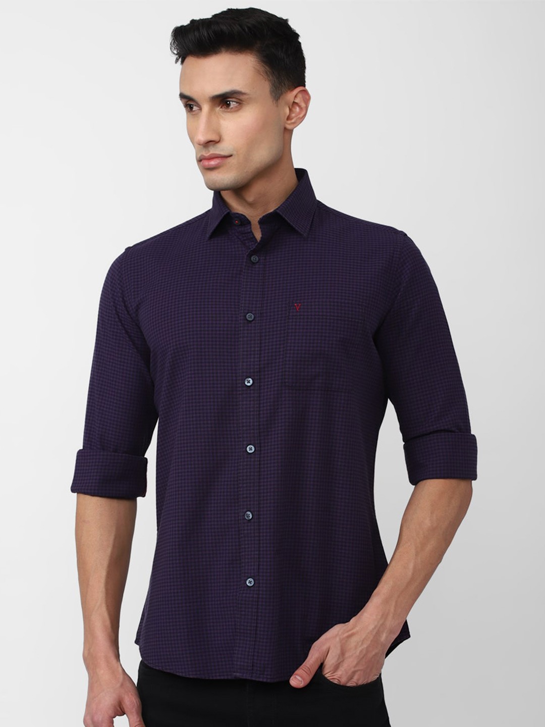 

Van Heusen Sport MenSlim Fit Grid Tattersall Checked Casual Cotton Shirt, Navy blue
