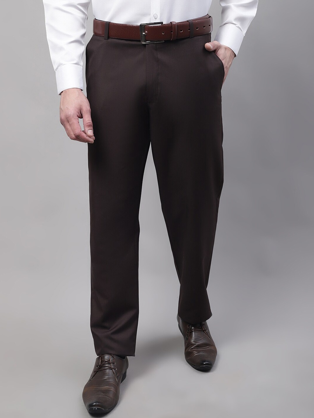 

JAINISH Men Cotton Smart Tapered Fit Easy Wash Formal Trousers, Coffee brown