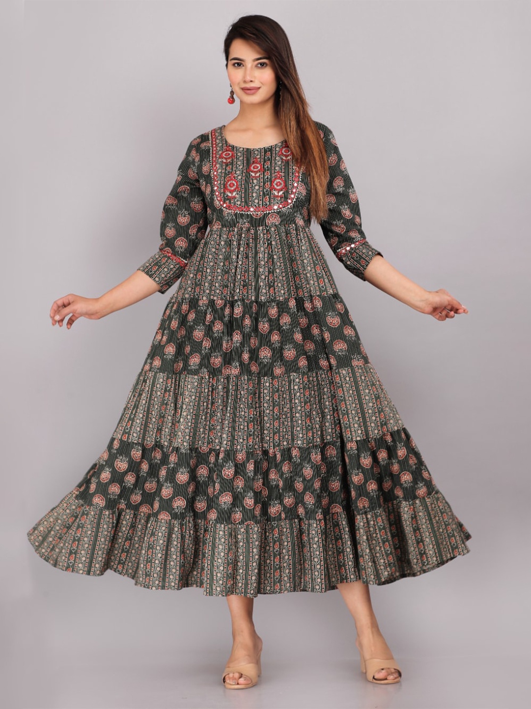 

KALINI Ethnic Motifs Printed Cotton Maxi Dress, Grey