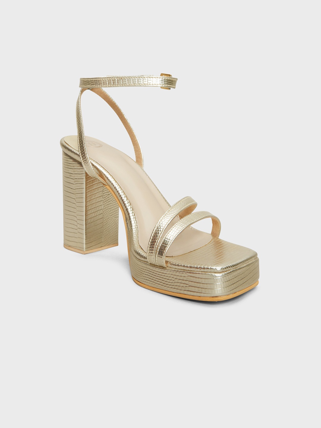 

20Dresses Open Toe Textured Block Heels With Ankle Loop, Gold