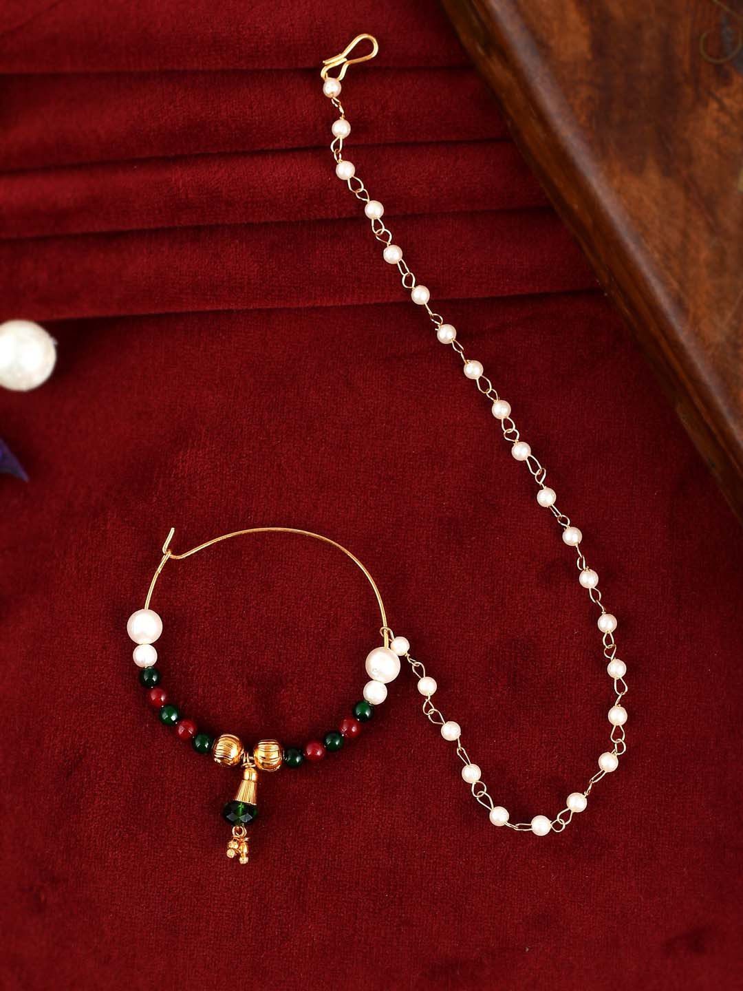 

Silvermerc Designs Gold-Plated Beaded Insert Chained Nosepin, Green