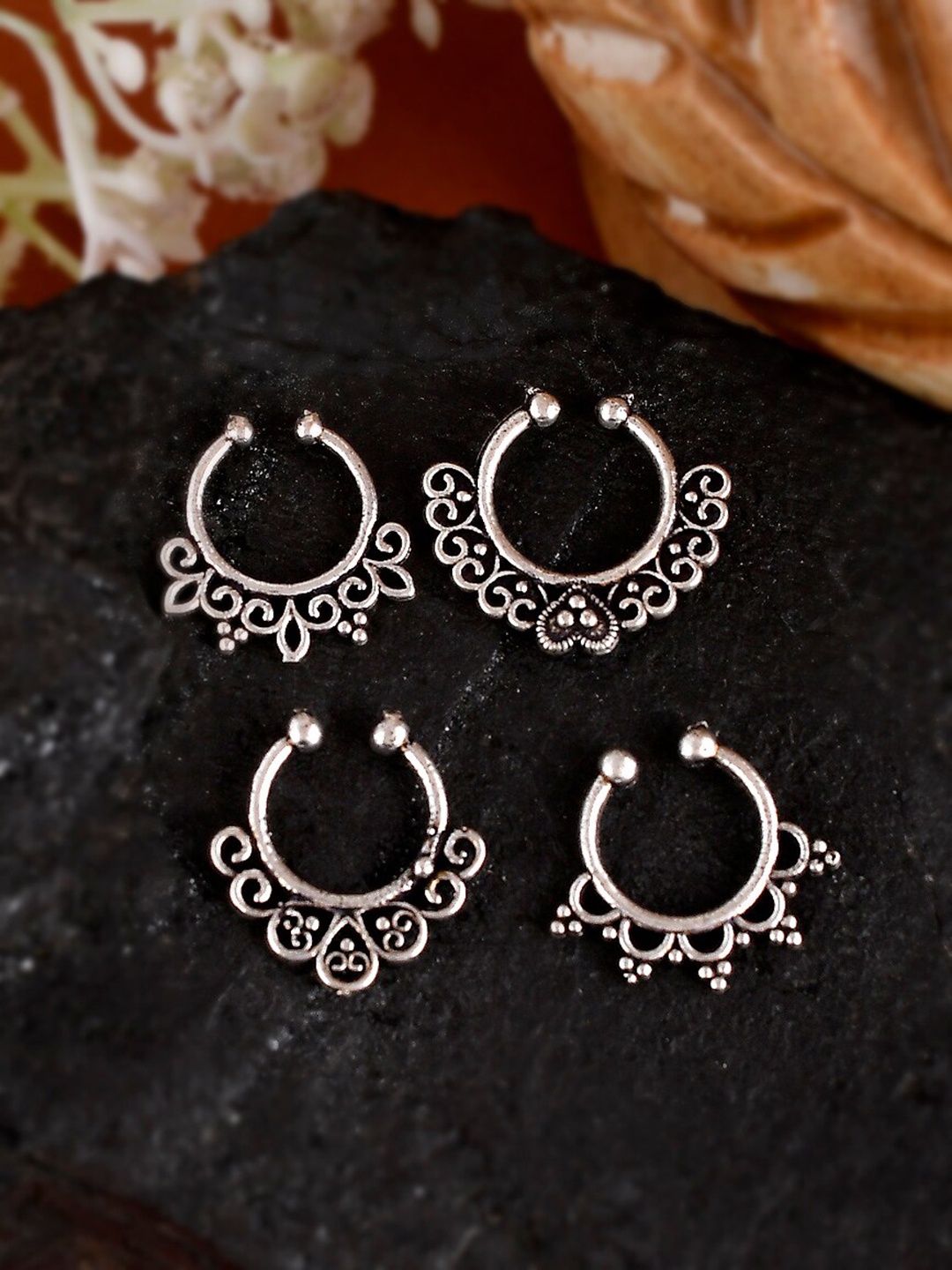 

Silvermerc Designs Set Of 4 Silver-Plated Oxidised Enamelled Septum Nose Rings