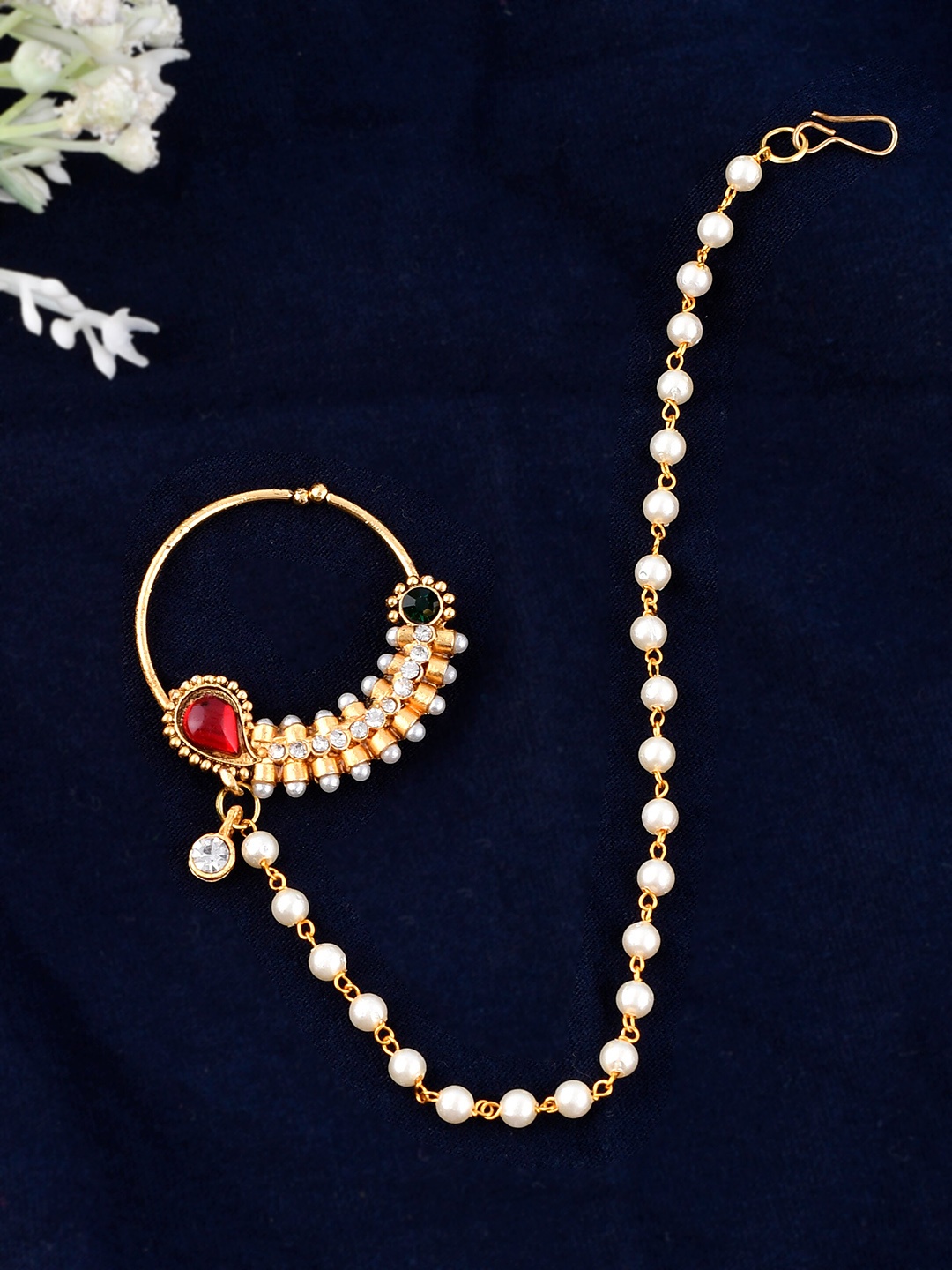 

Silvermerc Designs Gold-Plated Stone-Studded & Beaded Clip-On Chained Nosepin, White