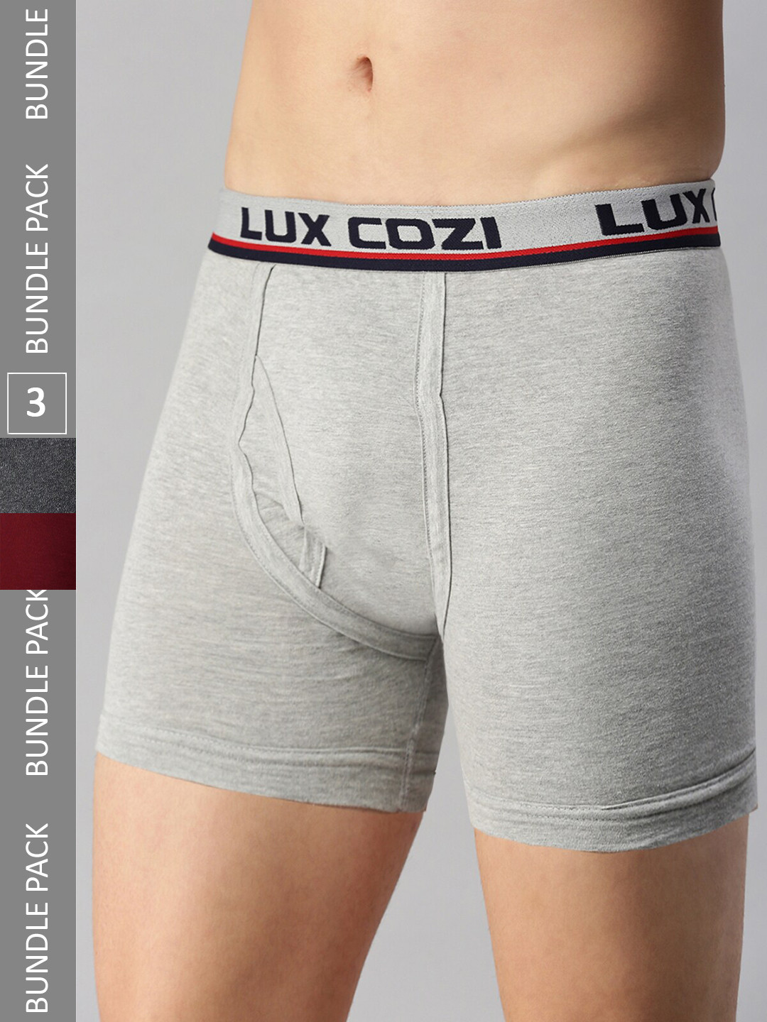 

Lux Cozi Men Pack Of 3 Cotton Blend Outer Elastic Trunks, Grey melange