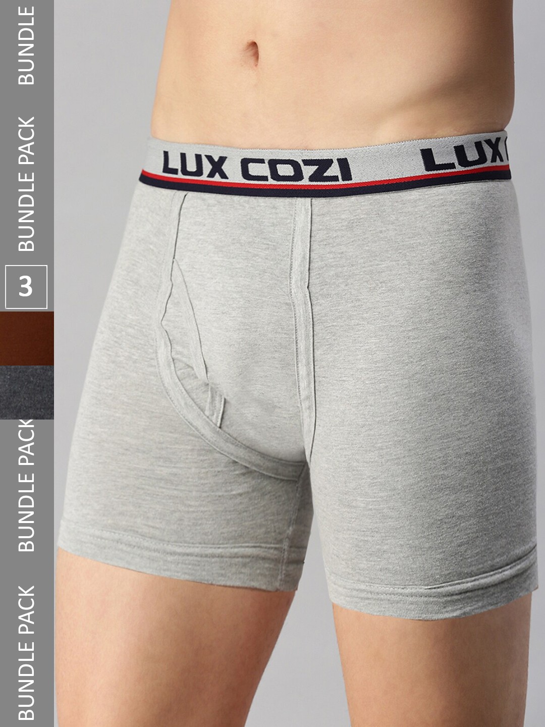 

Lux Cozi Men Pack Of 3 Mid-Rise Outer Elastic Trunks COZI_INTLOCK_GM_MST_BM_3PC, Grey melange