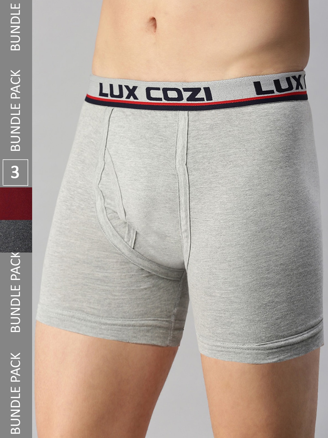 

Lux Cozi Men Pack Of 3 Cotton Blend Outer Elastic Trunks, Grey melange