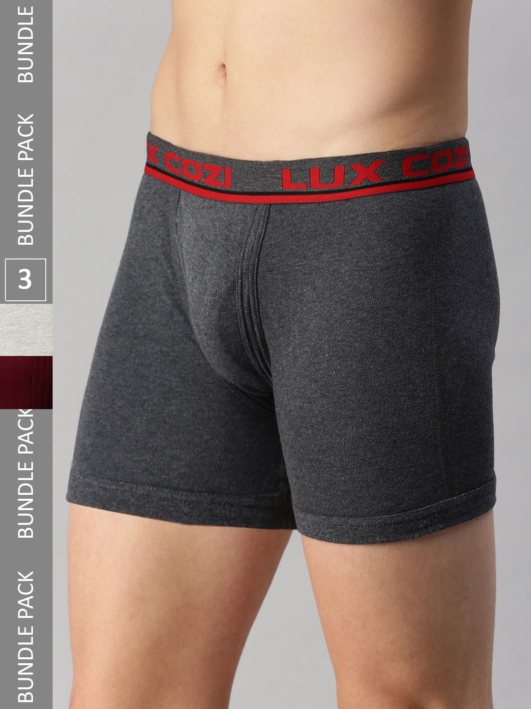 

Lux Cozi Men Pack Of 3 Cotton Blend Outer Elastic Trunks, Grey melange