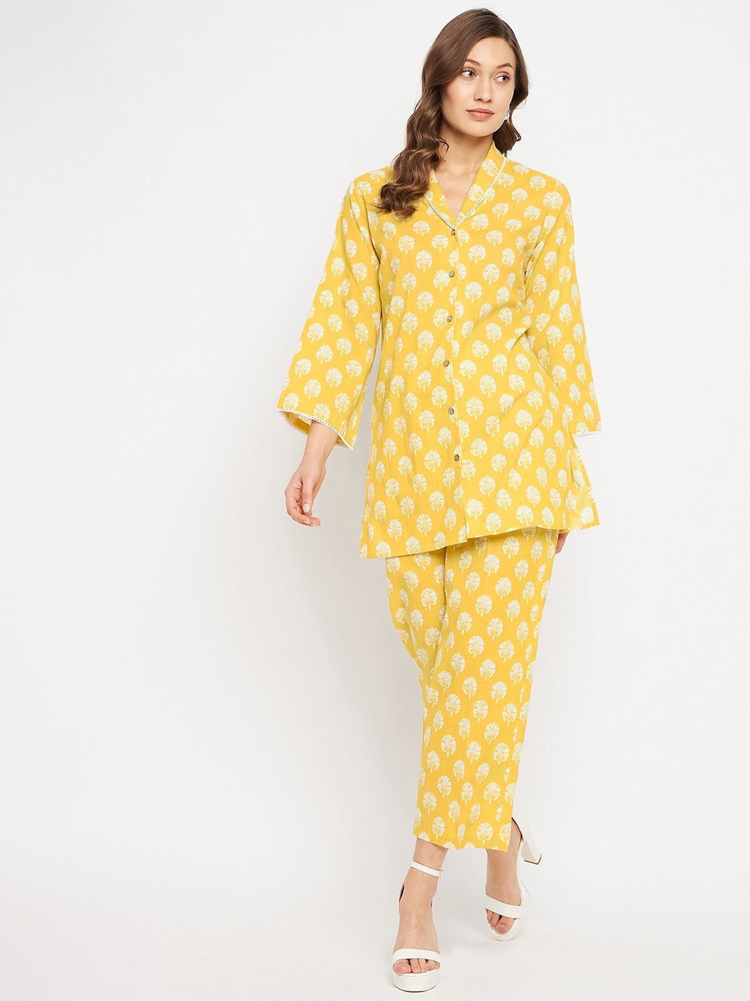 

Orchid Blues Women Printed Pure Cotton Shirt with Trousers Co-Ords Set, Yellow