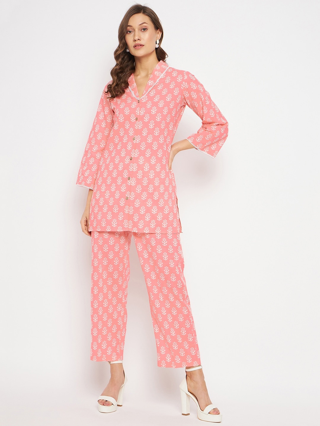 

Orchid Blues Women Printed Pure Cotton Shirt with Trousers Co-Ord Set, Pink