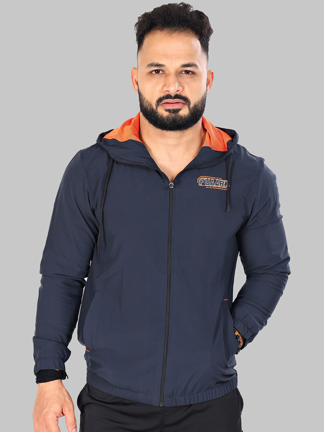 

FUAARK Men Hooded Lightweight Anti Odour Training or Gym Sporty Jacket, Navy blue