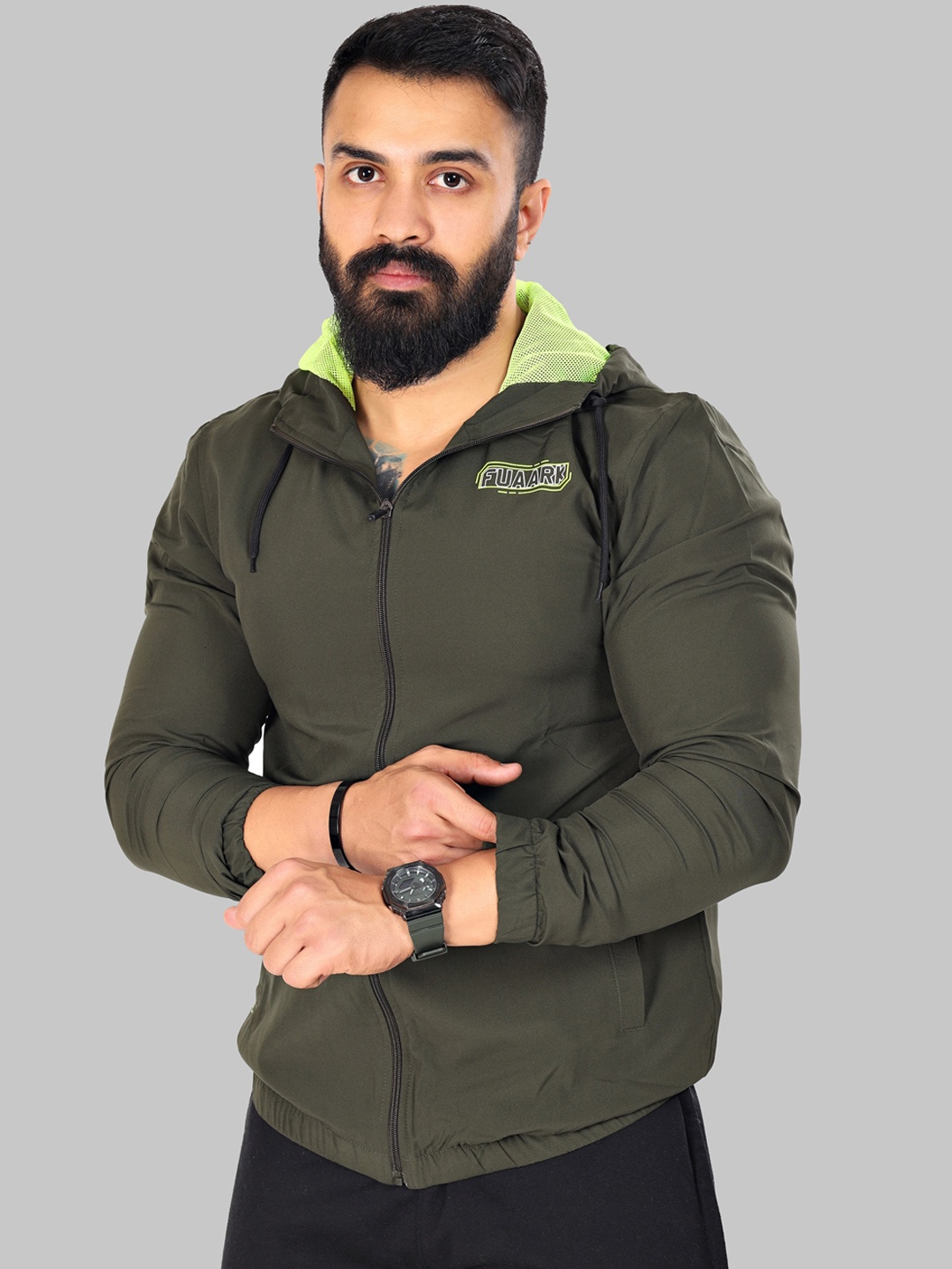 

FUAARK Men Hooded Lightweight Training or Gym Sporty Jacket, Olive