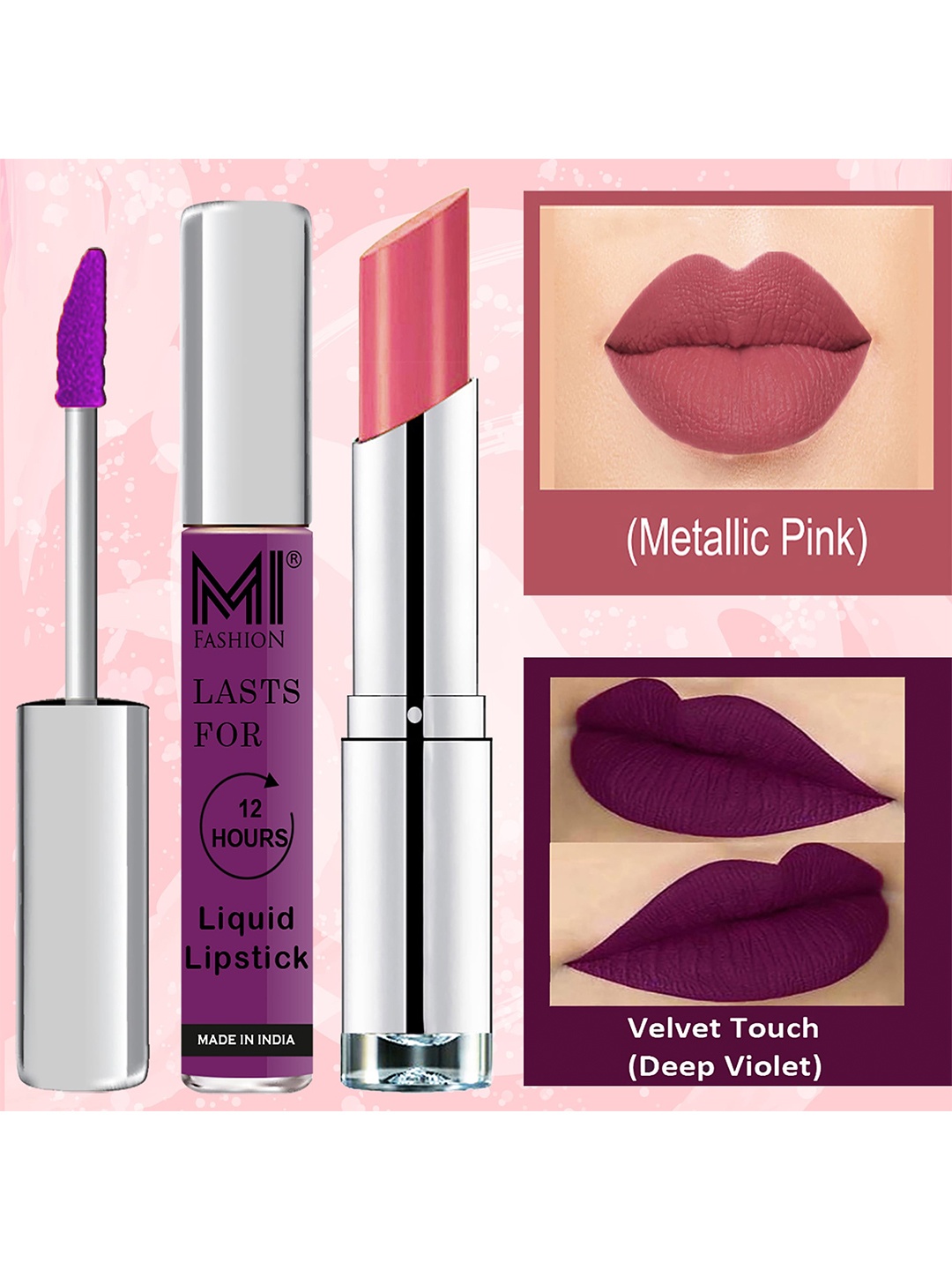 

MI FASHION Silky Smooth Liquid Lipstick 3.5ml - 09 & Creamy Matte Lipstick 3.5g - 08, Pink