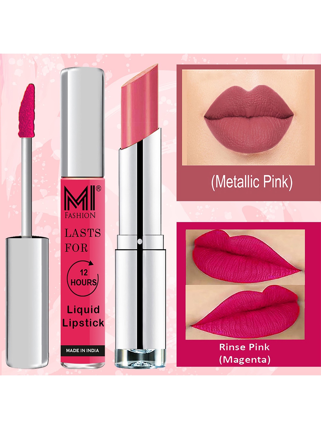 

MI FASHION Bold & Beautiful Liquid Lipstick 3.5ml - 05 & Creamy Matte Lipstick 3.5g - 08, Pink