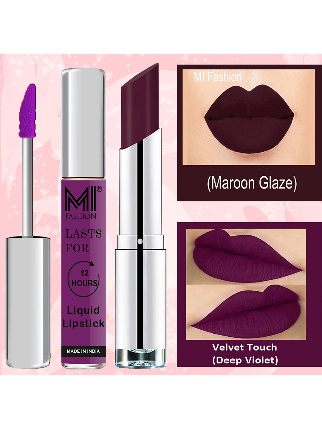 

MI FASHION Set of Get the Best of Both Liquid Lipstick 3.5ml & Creamy Matte Lipstick 3.5g, Purple