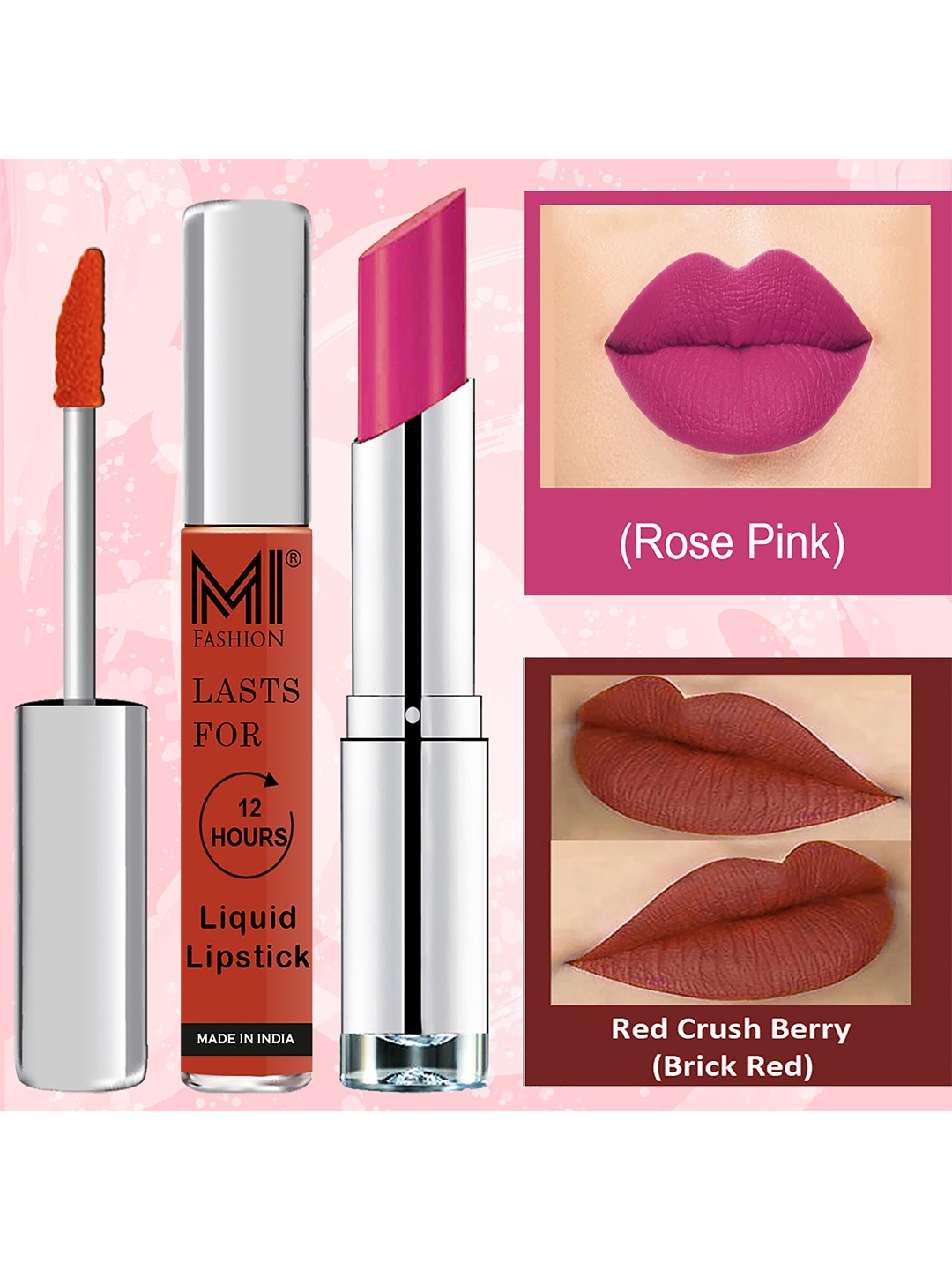 

MI FASHION Set of A Valentine Match Liquid Lipstick 3.5 ml & Creamy Matte Lipstick 3.5 g, Pink