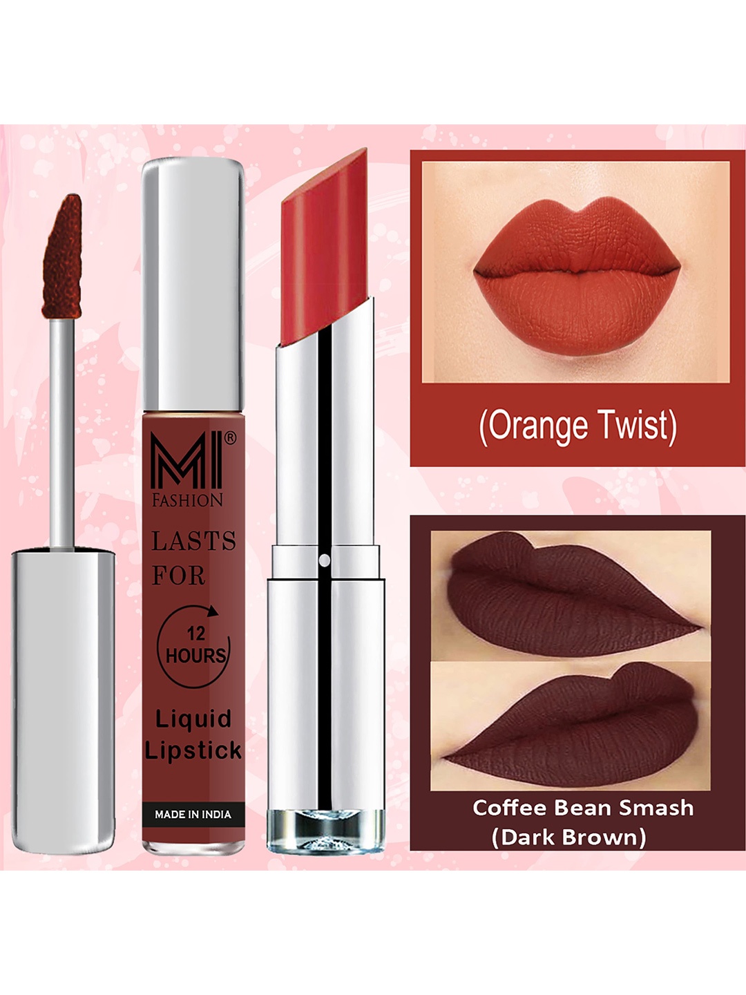 

MI FASHION Set of Get the Perfect Liquid Lipstick 3.5ml & Creamy Matte Lipstick 3.5g, Coffee brown