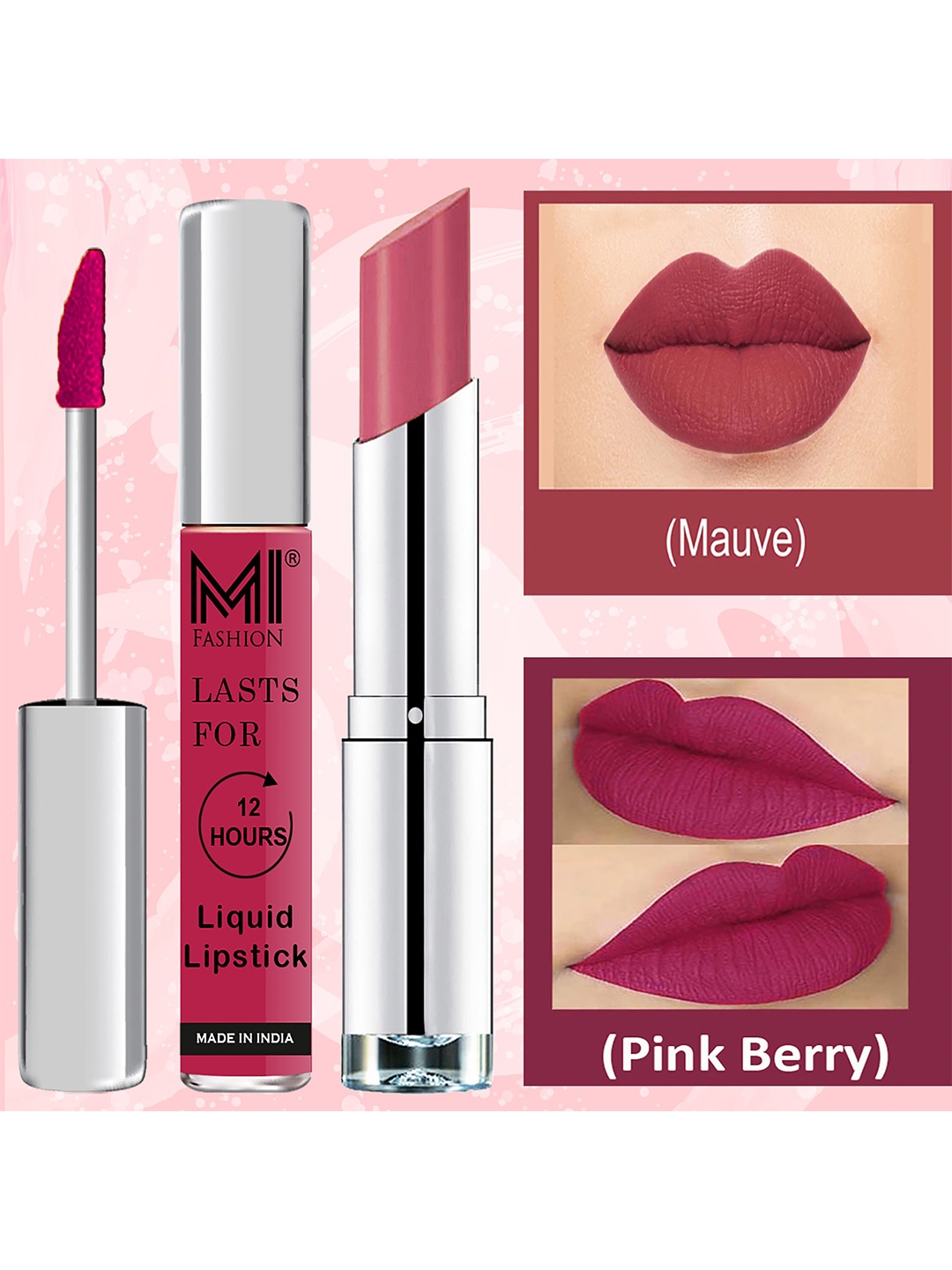 

MI FASHION Set of Kiss-Proof Liquid Lipstick 3.5 ml - 02 & Creamy Matte Lipstick 3.5g - 22, Pink