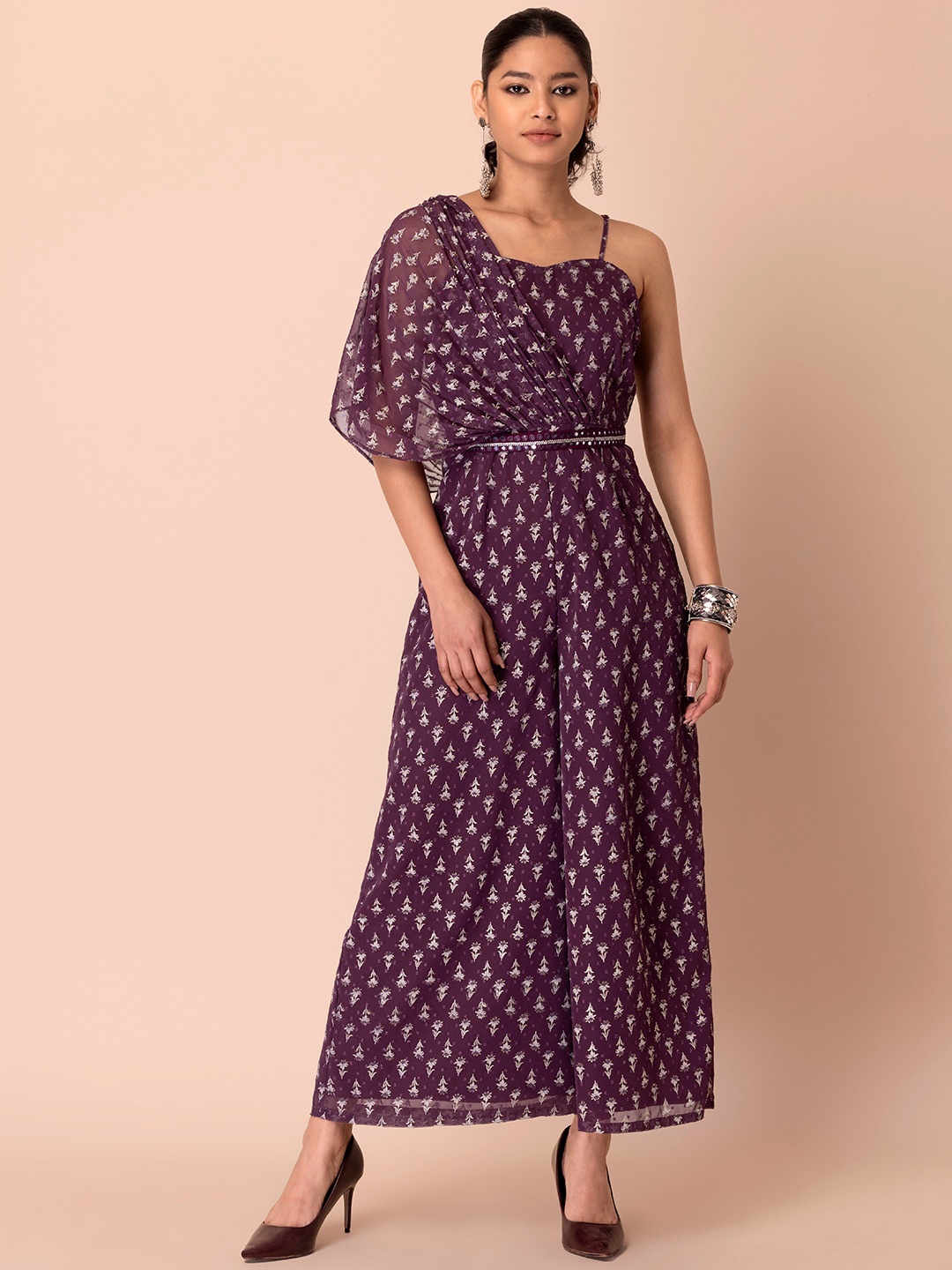 

INDYA Printed Pallu Jumpsuit with Belt, Purple