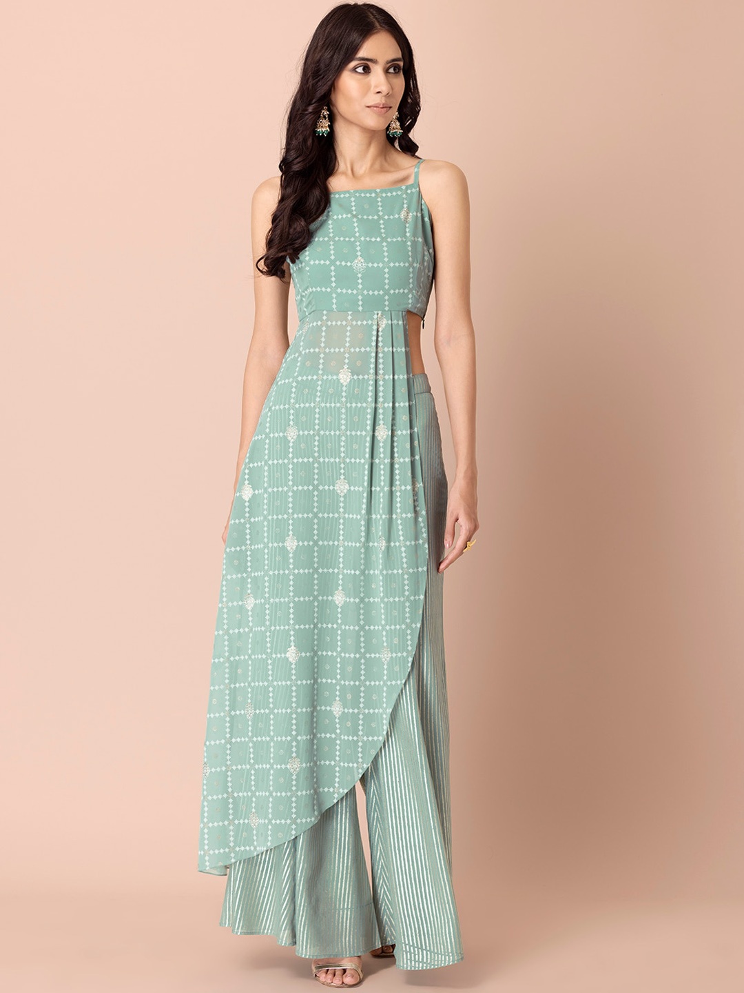 

INDYA Ethnic Motifs Printed Asymmetrical High Slit Kurta, Green