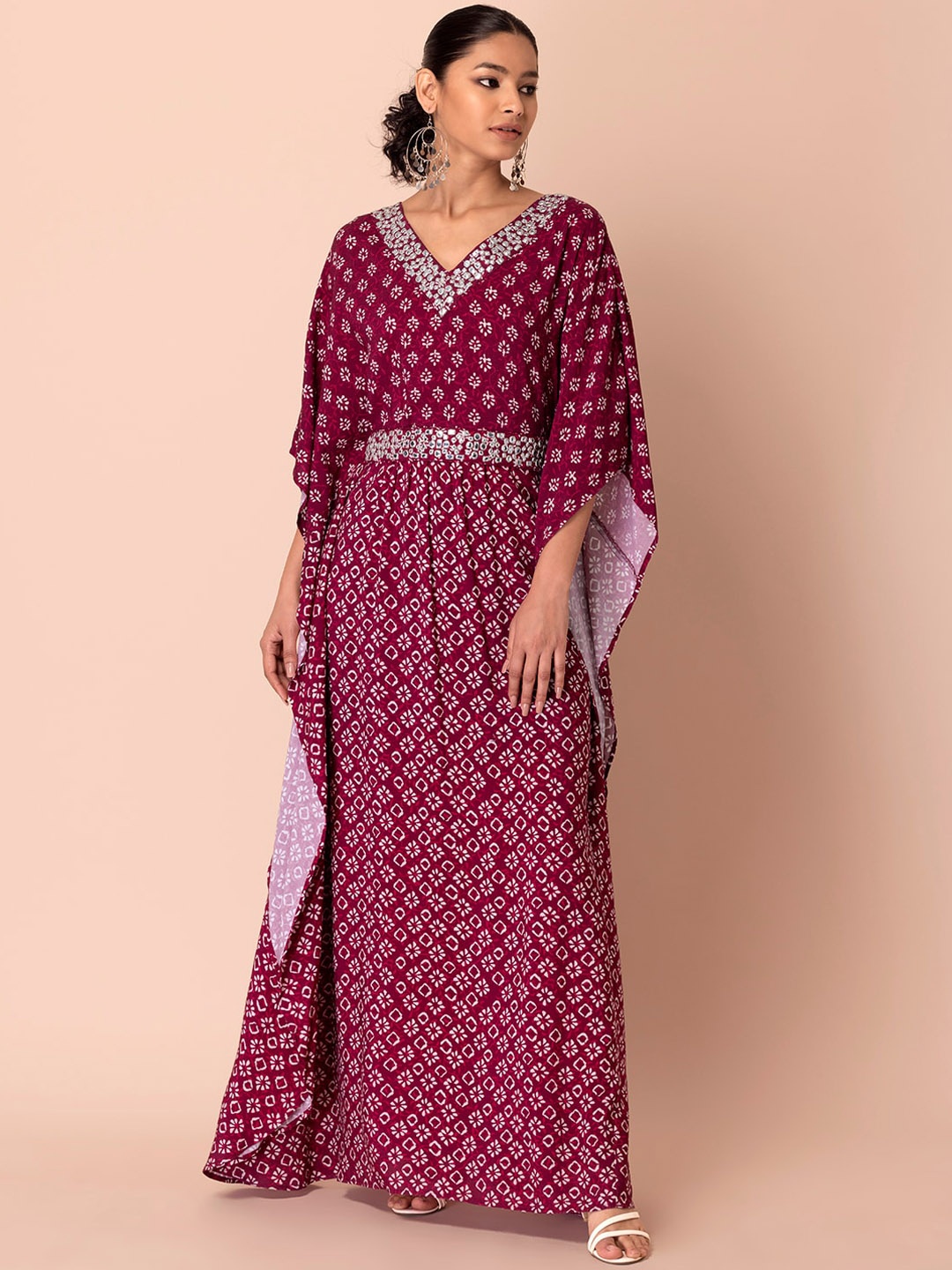 

INDYA Dabu Ethnic Motif Printed V Neck Belted Kaftan Ethnic Dress, Maroon