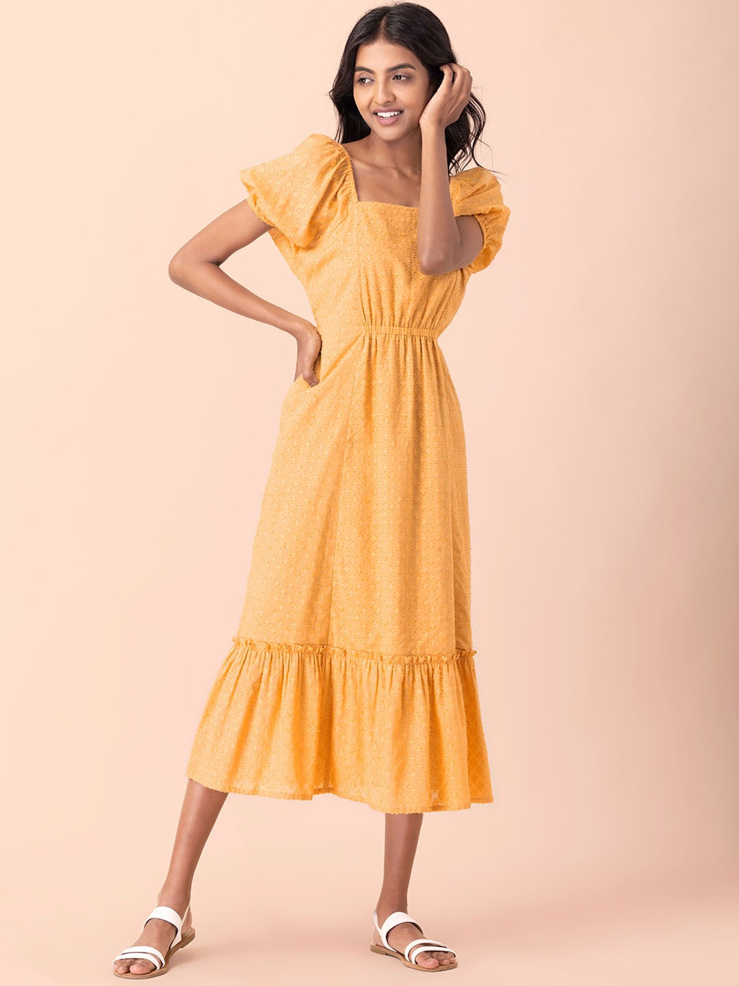 

INDYA Self Design Square Neck Pure Cotton Flounce A-Line Dress, Orange