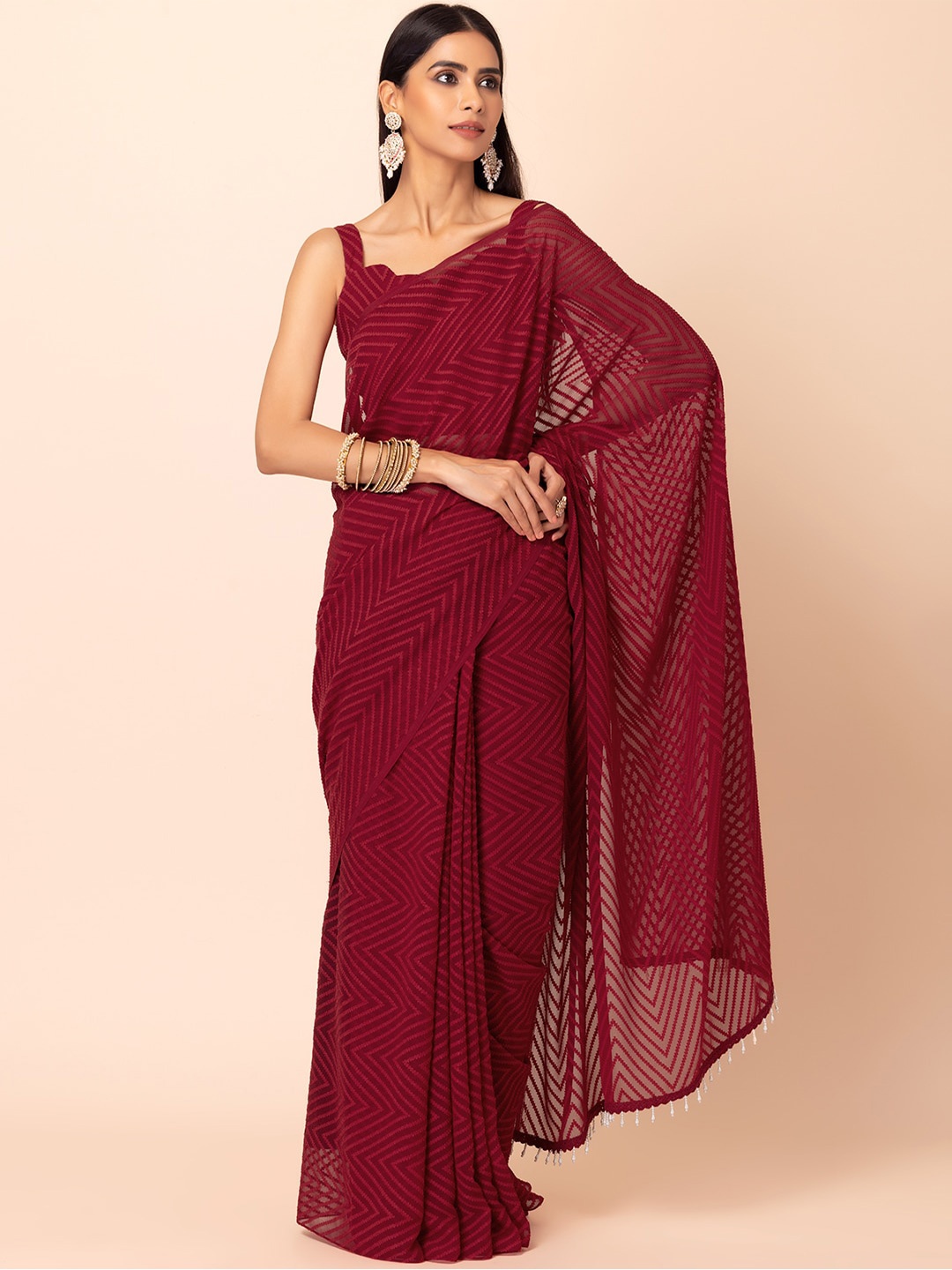 

INDYA Geometric Woven Design Saree, Red