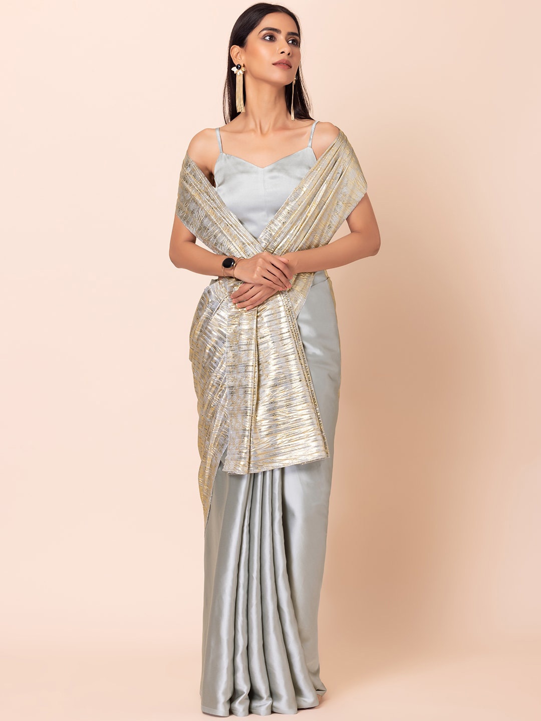 

INDYA Woven Design Lycra Pallu Satin Saree, Grey