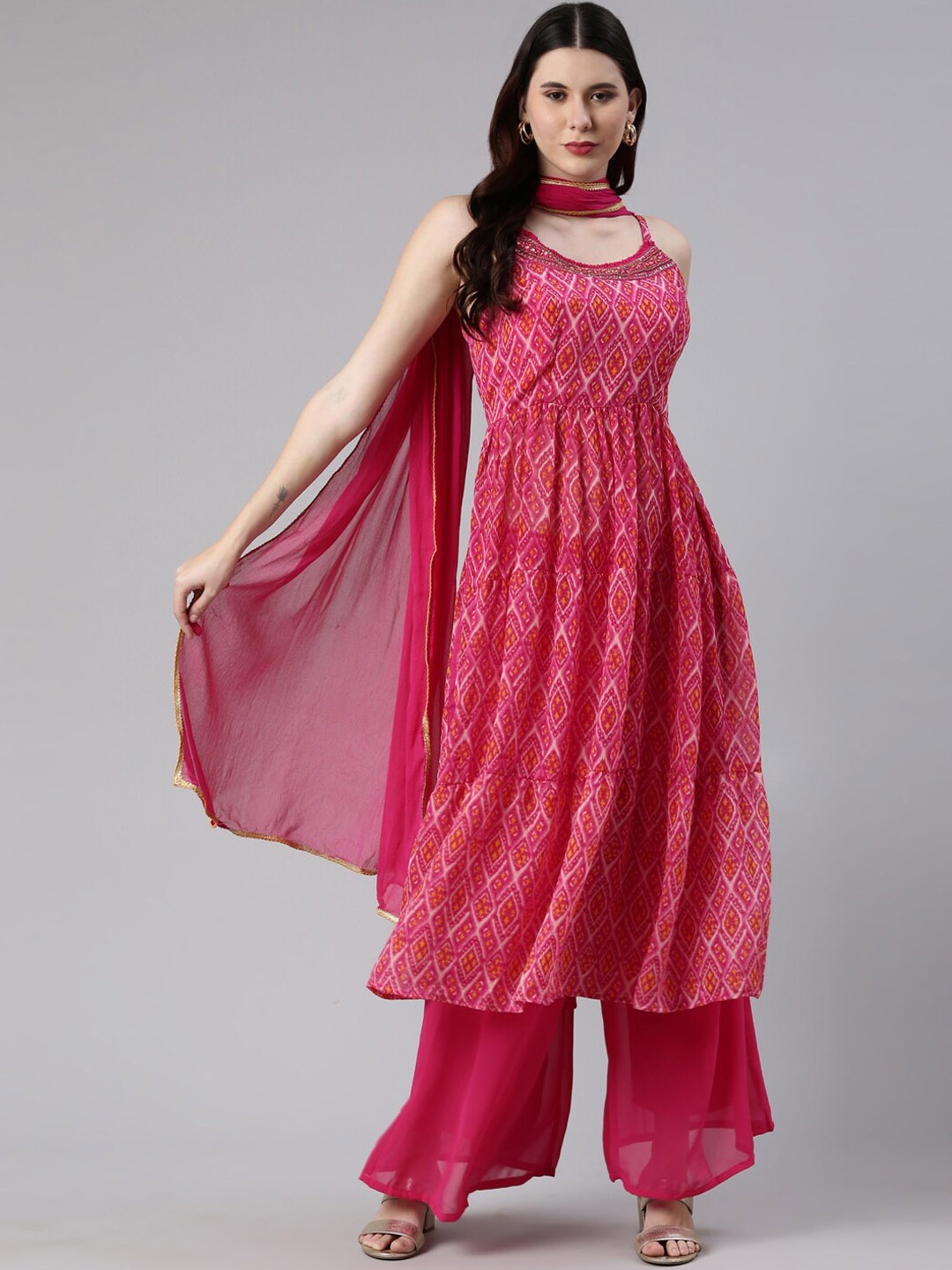 

Neerus Ethnic Motifs Printed Beads and Stones Kurta With Sharara & Dupatta, Pink