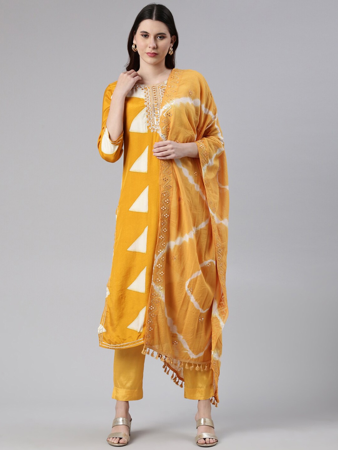 

Neerus Geometric Printed Thread Work Kurta With Trousers & Dupatta, Mustard
