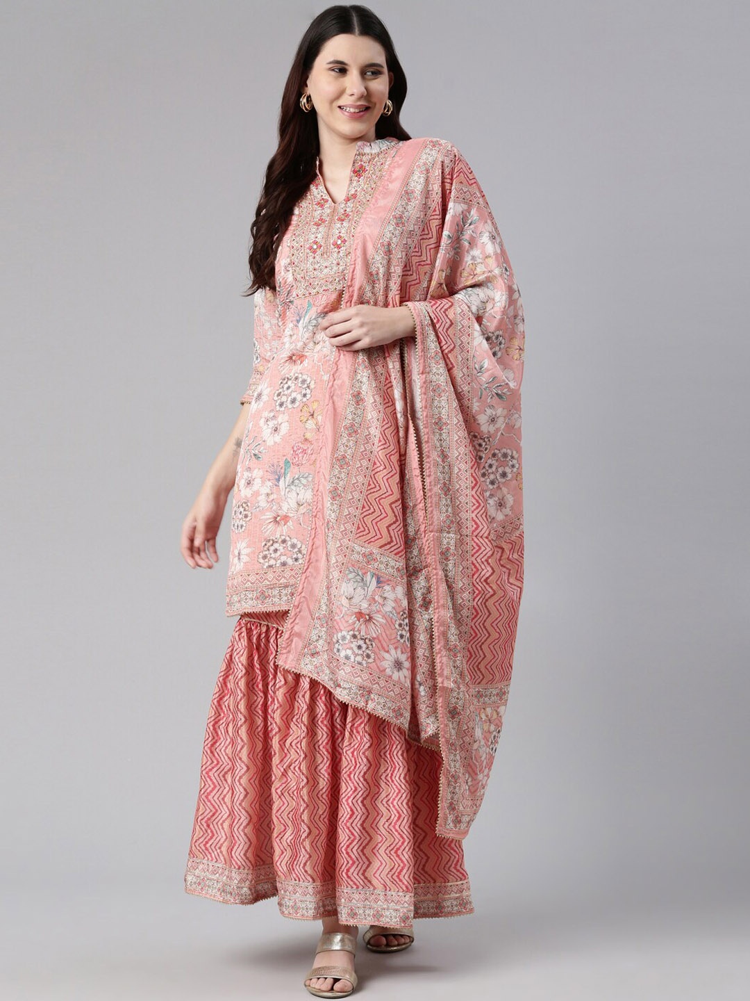 

Neerus Ethnic Motifs Embroidered Thread Work Kurta with Sharara & With Dupatta, Peach
