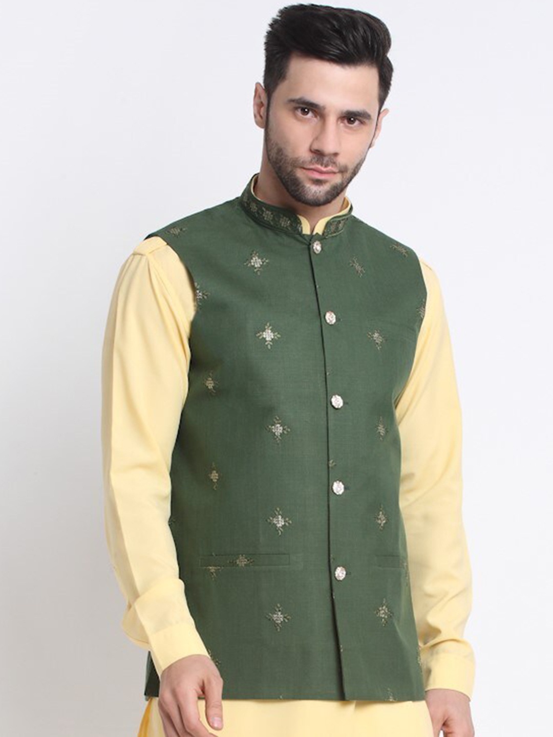 

KRAFT INDIA Embroidered Pure Cotton Mandarin Collar Ethnic Nehru Jacket, Olive