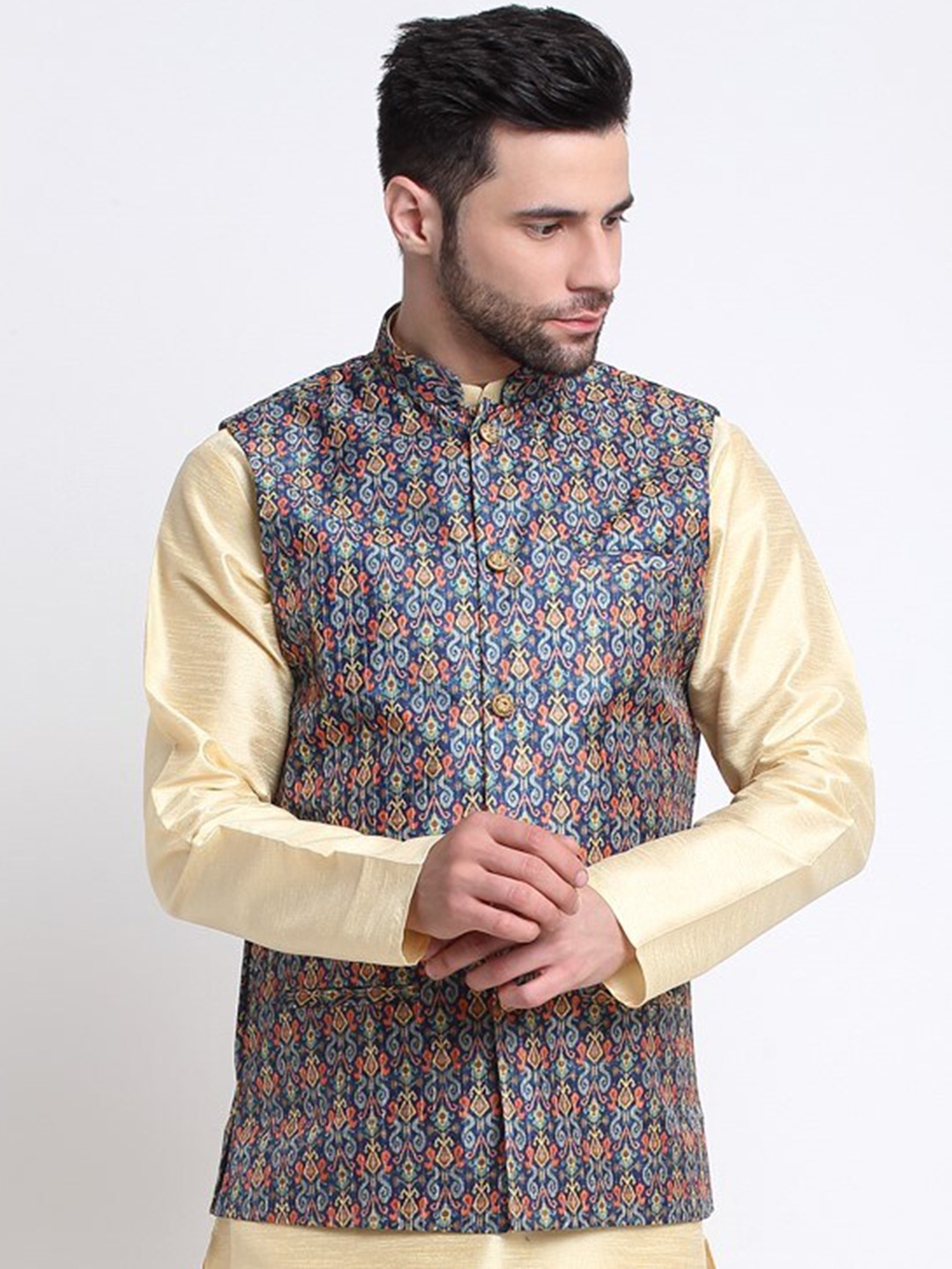 

KRAFT INDIA Printed Mandarin Collar Ethnic Nehru Jacket, Yellow