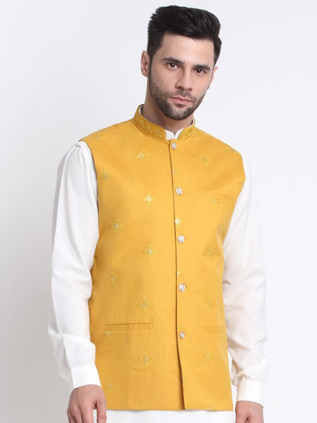 

KRAFT INDIA Embroidered Mandarin Collar Ethnic Nehru Jacket, Yellow