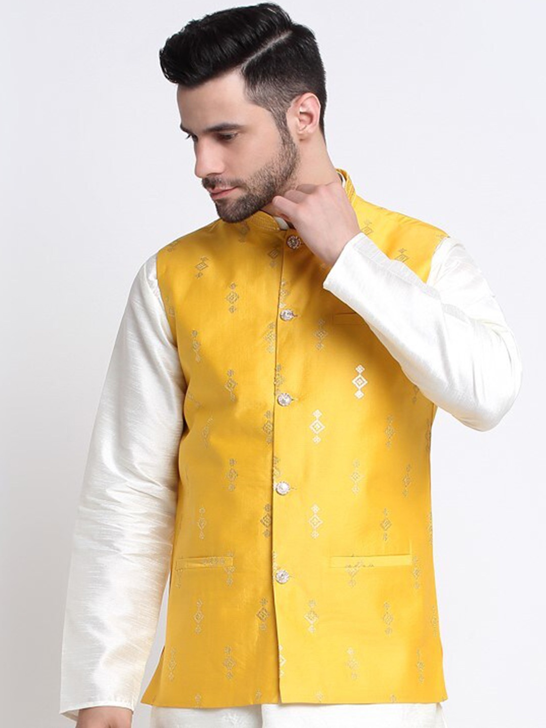 

KRAFT INDIA Embroidered Mandarin Collar Ethnic Nehru Jacket, Yellow