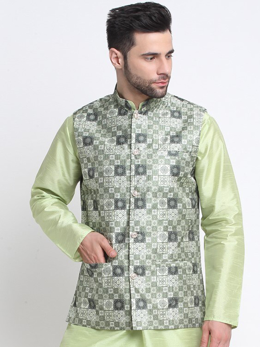 

KRAFT INDIA Embroidered Mandarin Collar Ethnic Nehru Jacket, Green