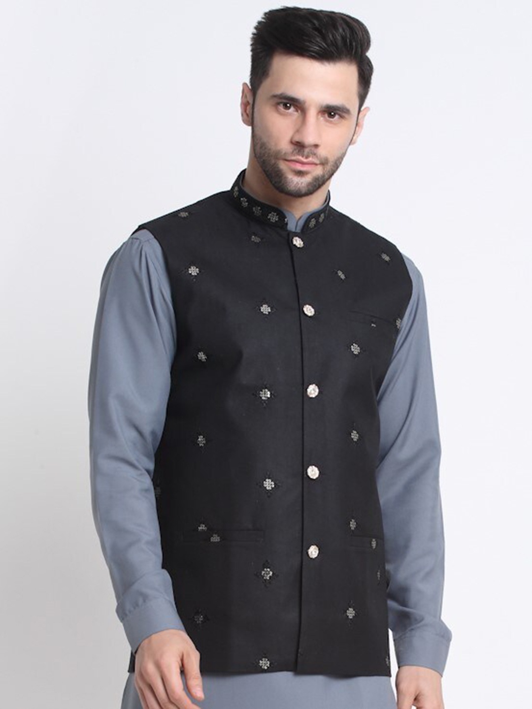 

KRAFT INDIA Embroidered Sequined Mandarin Collar Ethnic Nehru Jacket, Black