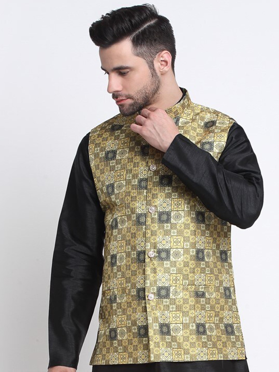 

KRAFT INDIA Embroidered Mandarin Collar Ethnic Nehru Jacket, Yellow