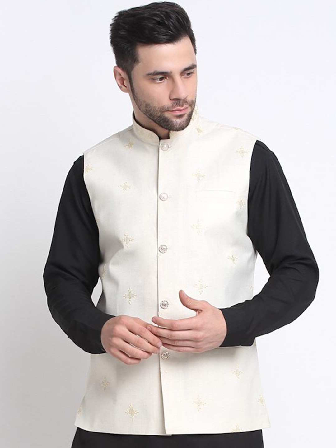 

KRAFT INDIA Embroidered Pure Cotton Mandarin Collar Ethnic Nehru Jacket, Cream