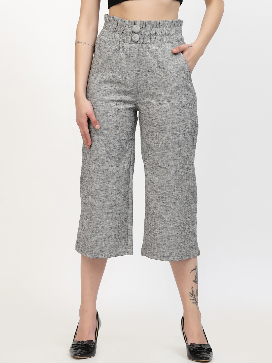 

Westwood Women Self design Relaxed Easy Wash Pure Cotton Culottes Trousers, Grey melange