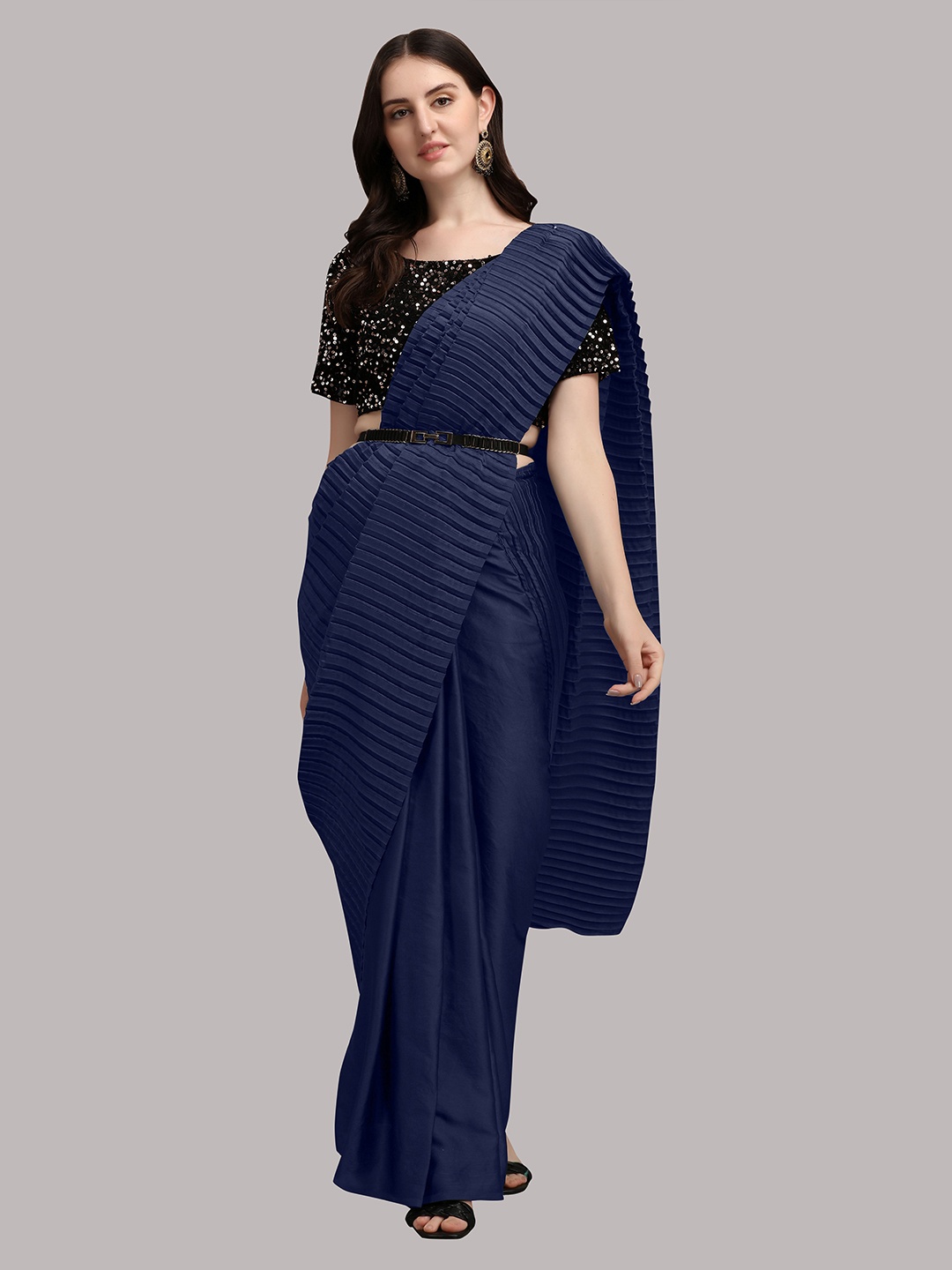 

Urban Luxe Belted Satin Saree, Blue