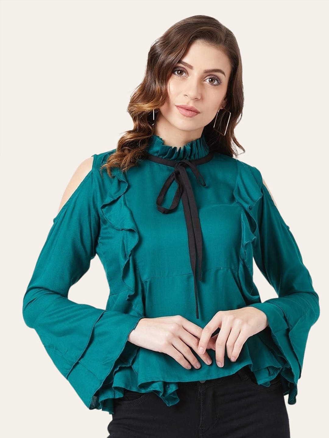 

The Dry State Tie-Up Neck Bell sleeves Ruffles Top, Teal