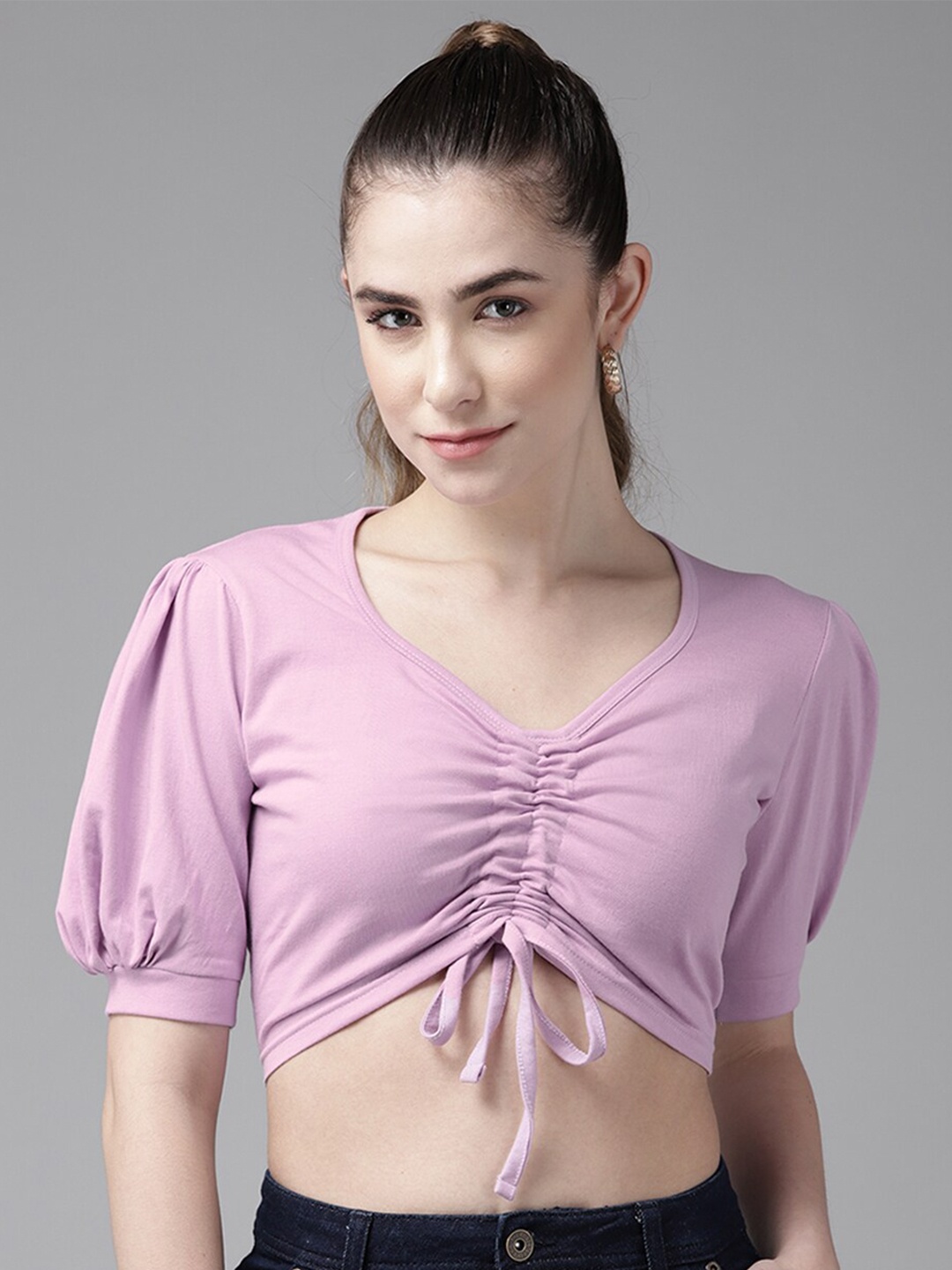 

The Dry State V-Neck Puff sleeves Tie-Up Ruched Crop Top, Lavender