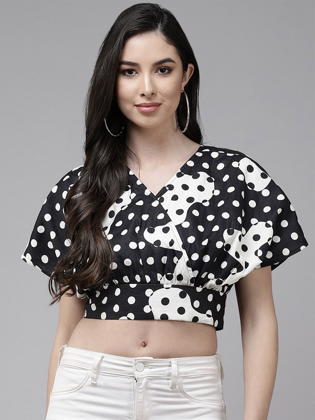 

The Dry State Polka Dots Printed Extended Sleeves Wrap Crop Top, Black