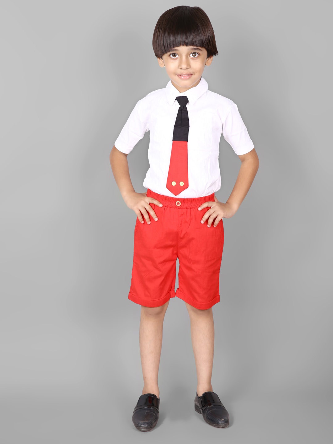 

Ameeha Boys Pure Cotton Shirt & Shorts With Tie, White