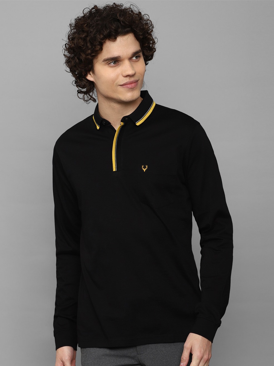 

Allen Solly Long Sleeves Polo Collar Accentuated Ends Cotton T-shirt, Black