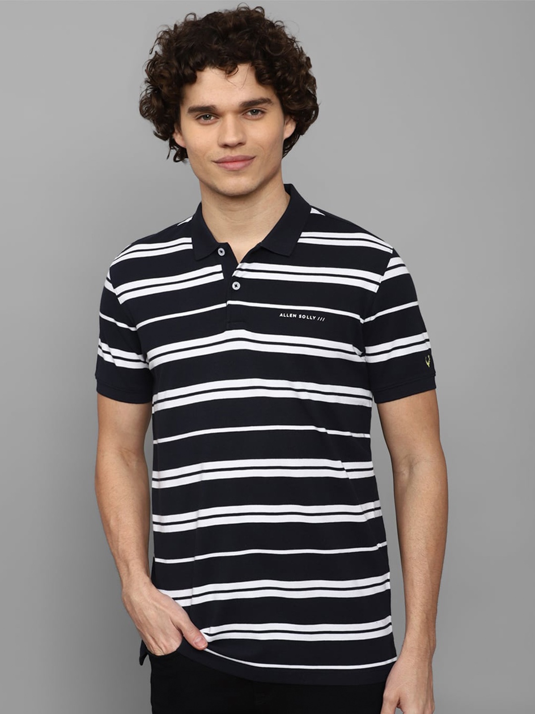 

Allen Solly Striped Polo Collar Monochrome Cotton T-shirt, Black