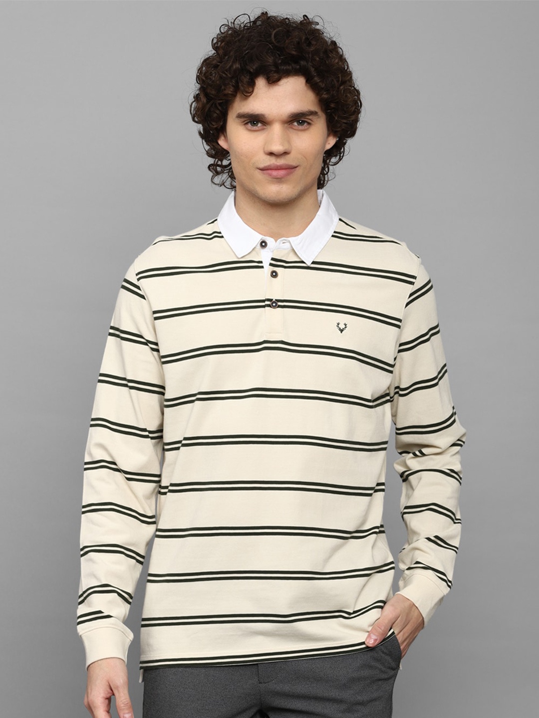 

Allen Solly Striped Long Sleeve Polo Pure Cotton T-shirt, Cream
