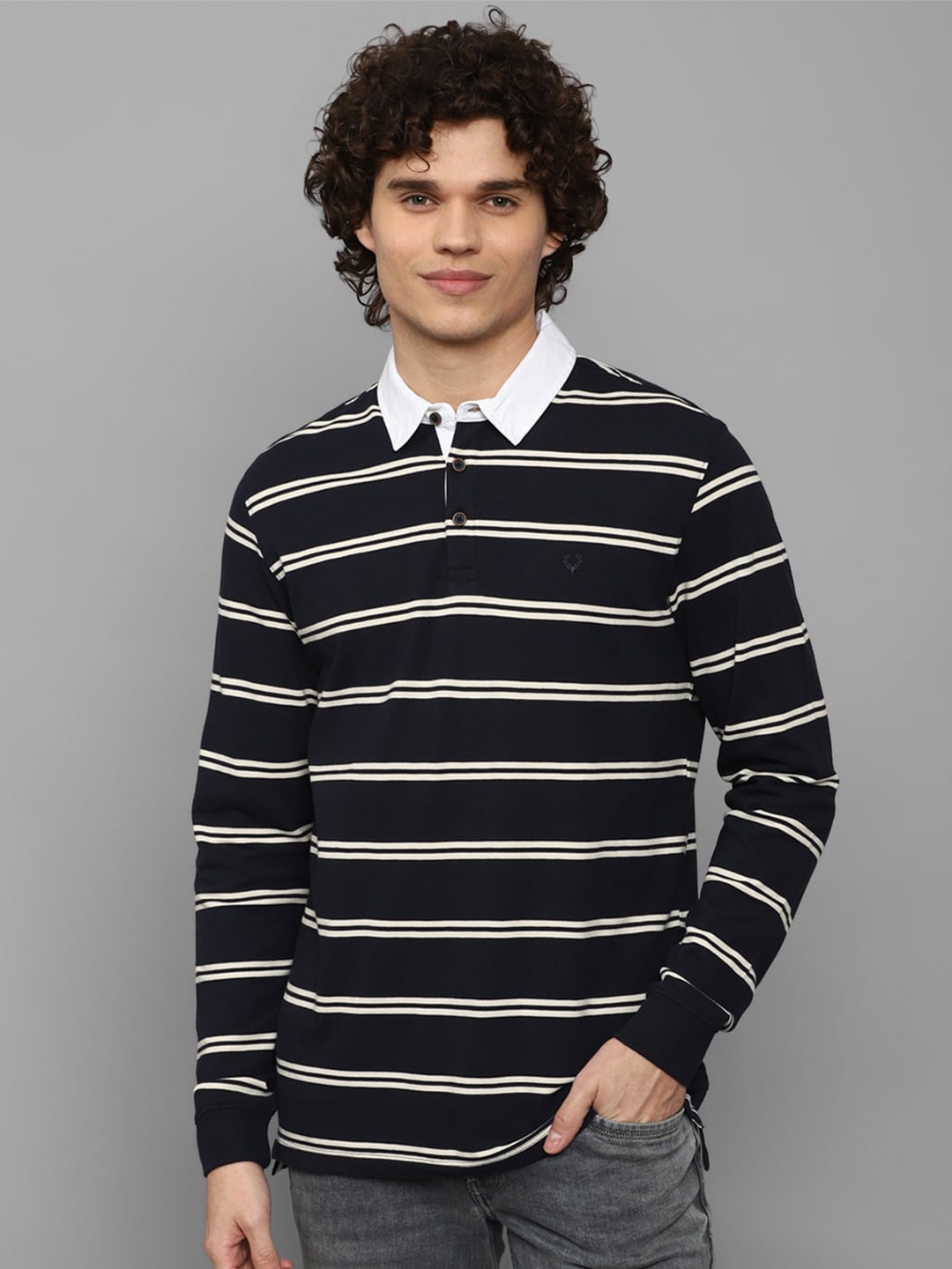 

Allen Solly Striped Polo Collar Pure Cotton T-shirt, Black