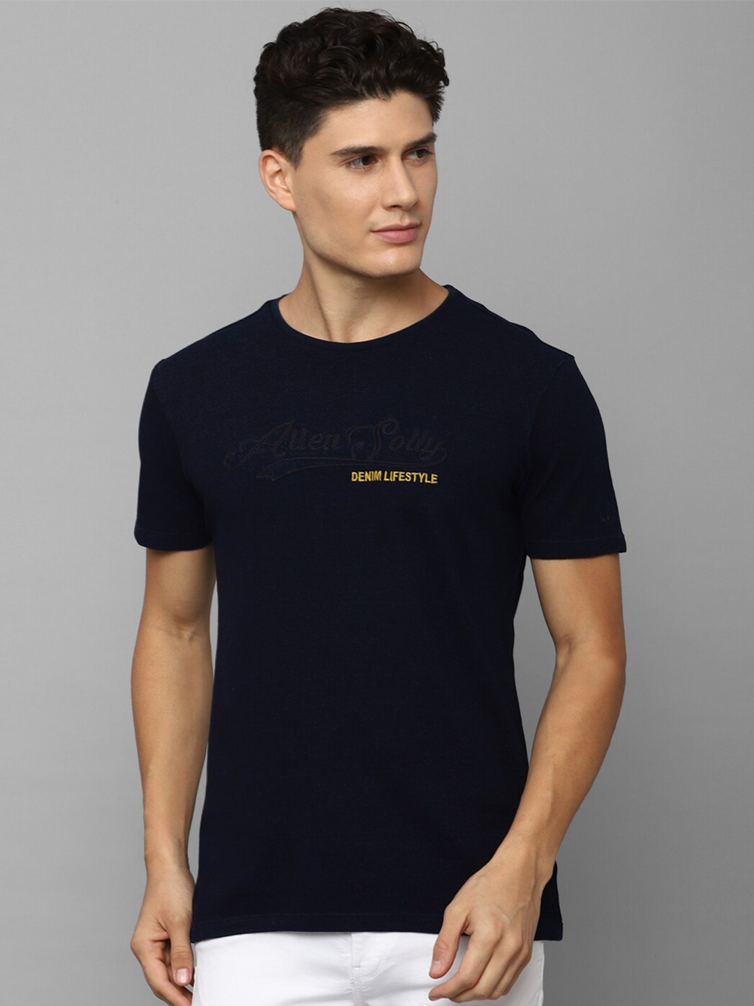 Allen Solly Sport Crew Neck Typography Slim Fit Cotton T-shirt, Navy blue